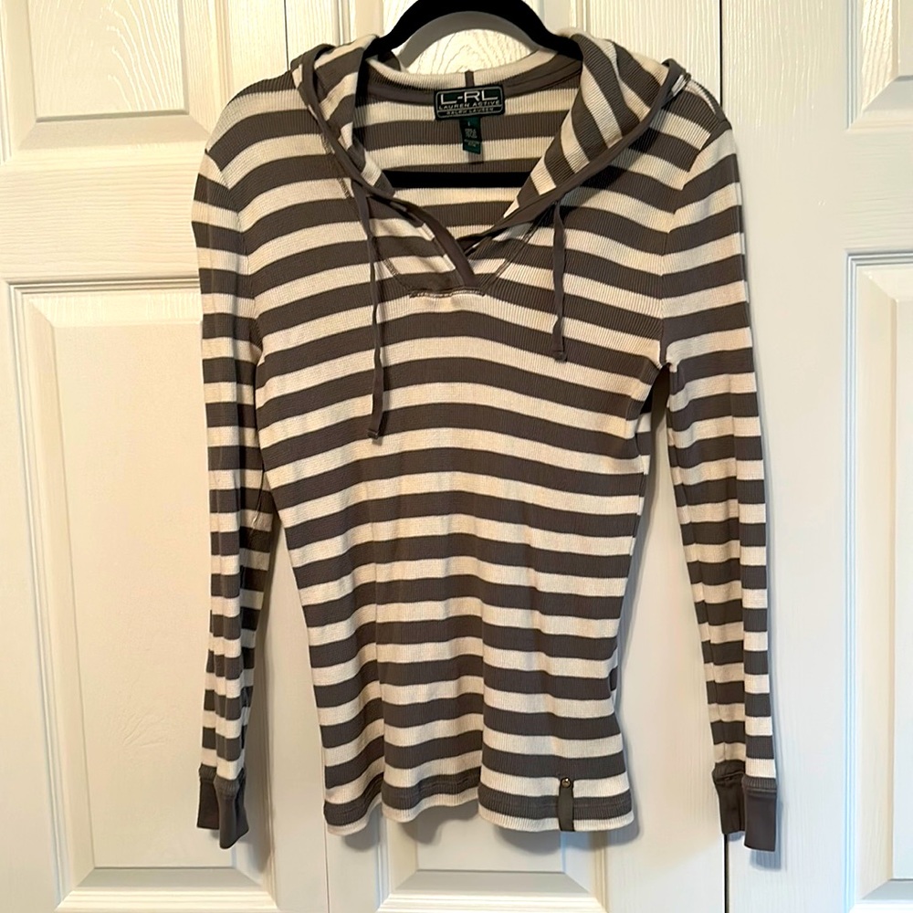 Gray and white hooded thermal Ralph Lauren active top